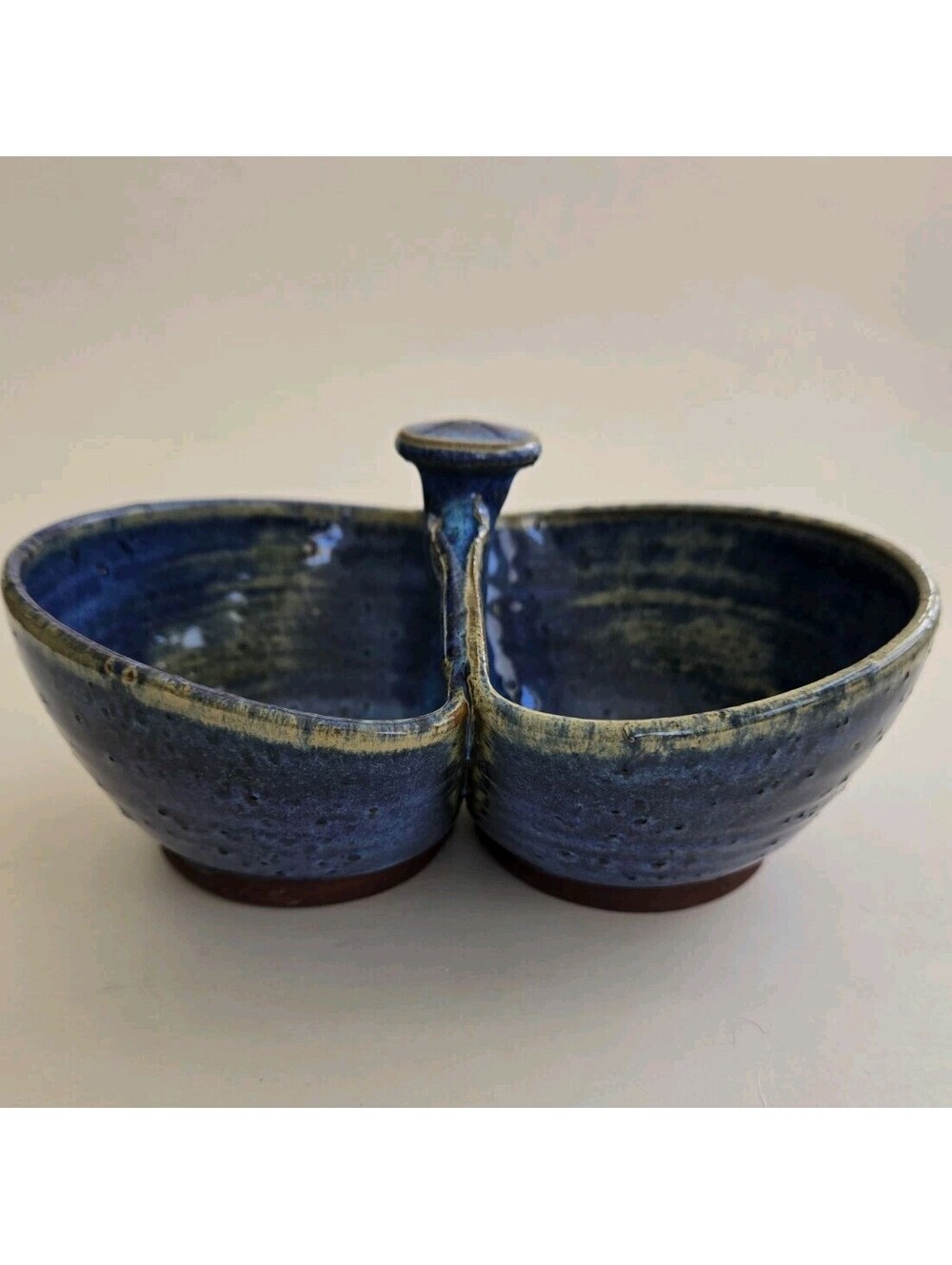 Studio Art Pottery Double Bowl Blue Glazed Handle Condiment Sauce Dish Dip Sign